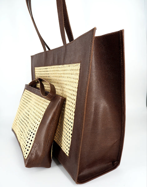 BROWN Grained SOLE TOTE BAG & CLUTCH | 2 BAGS IN 1
